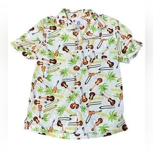 ONE RESOLUTION Floral & Guitar Hawaiian Shirt SMALL ~